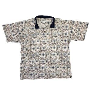 Natural Issue Mens XL Vintage 90s Geometric Floral Print Cotton Polo Shirt Retro